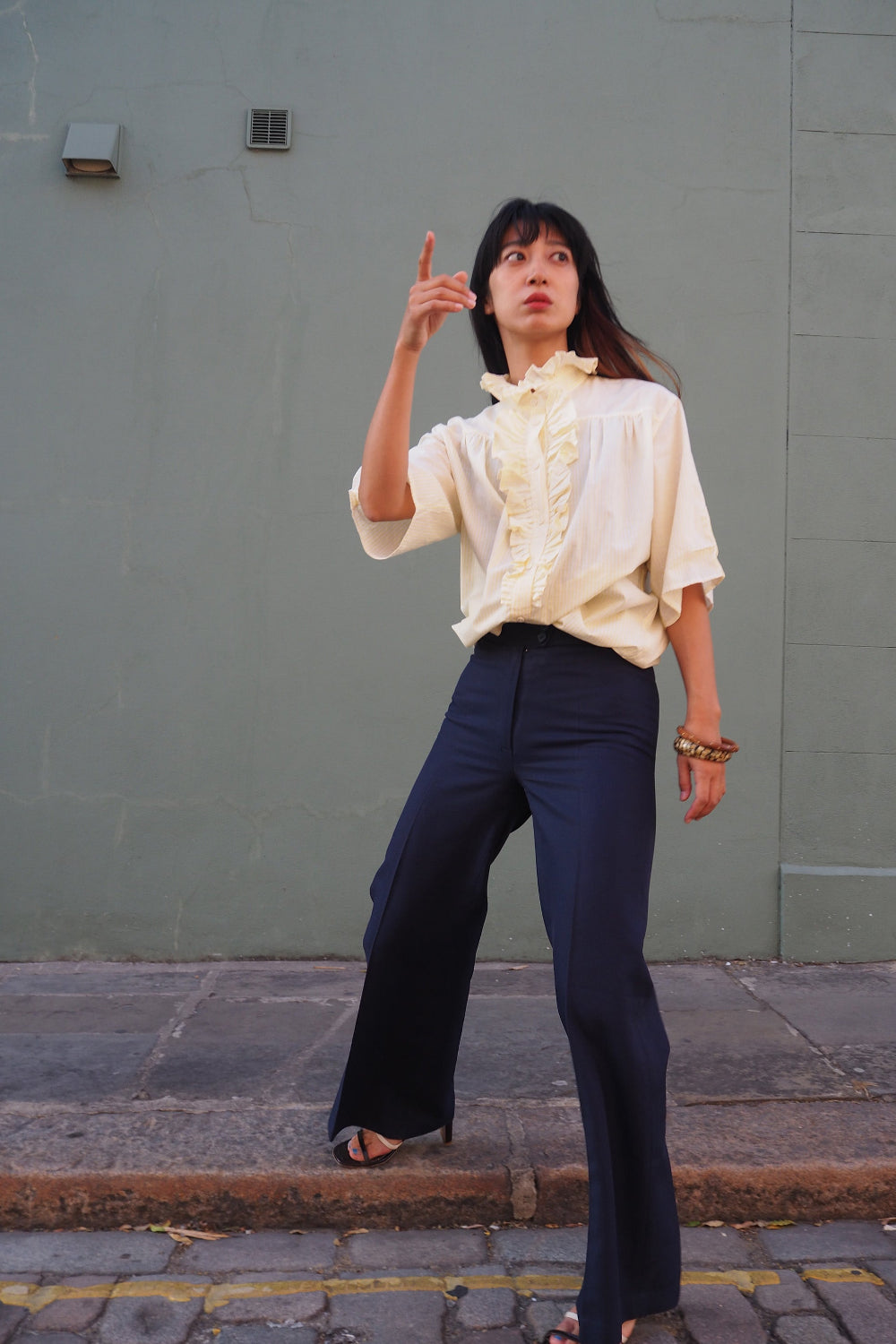 70's Lady's shirts|Yellow stripe Ruffled shrits Made in Germany