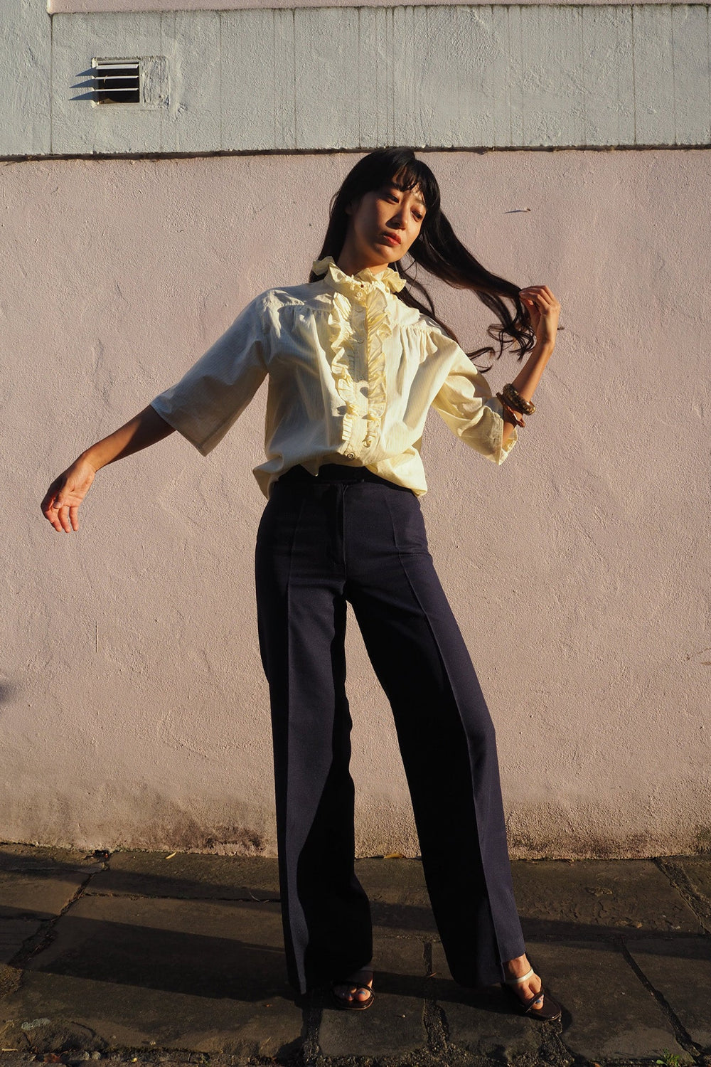 70's Lady's shirts|Yellow stripe Ruffled shrits Made in Germany