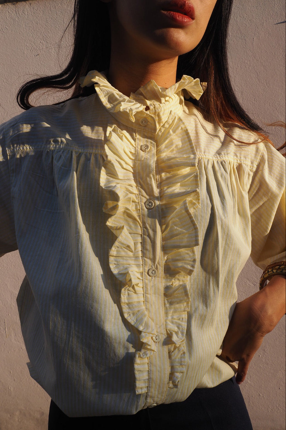 70's Lady's shirts|Yellow stripe Ruffled shrits Made in Germany