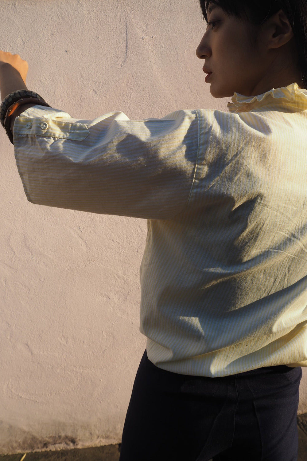 70's Lady's shirts|Yellow stripe Ruffled shrits Made in Germany