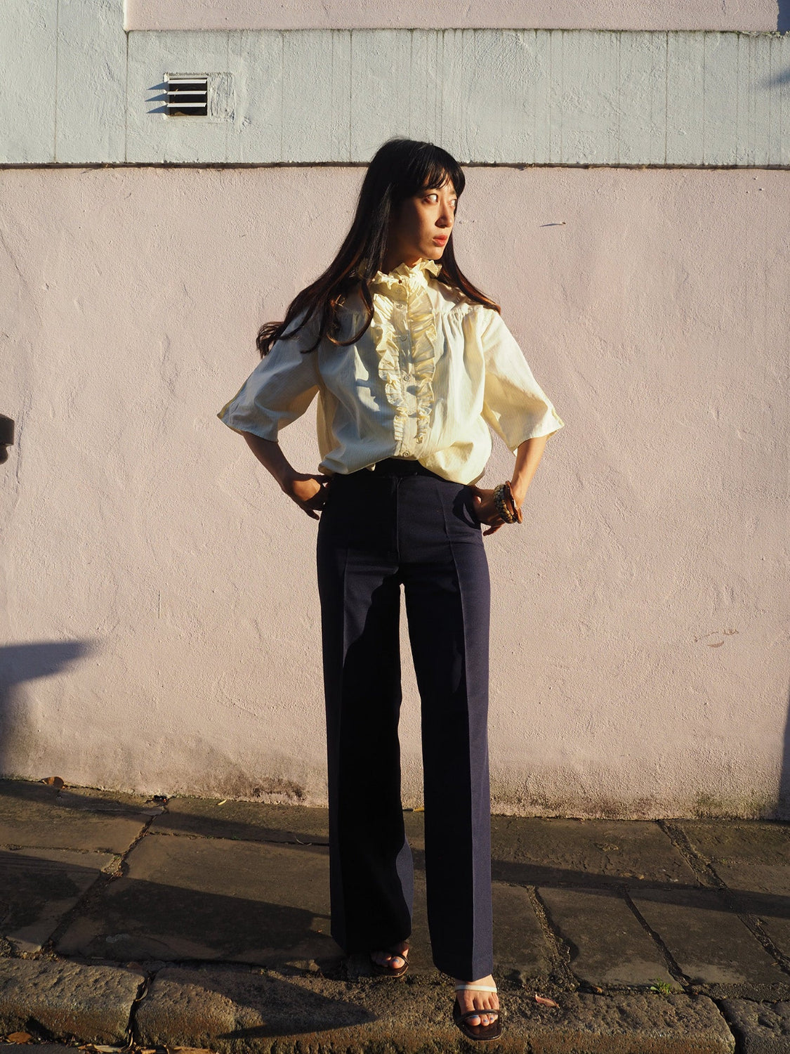 70's Lady's shirts|Yellow stripe Ruffled shrits Made in Germany