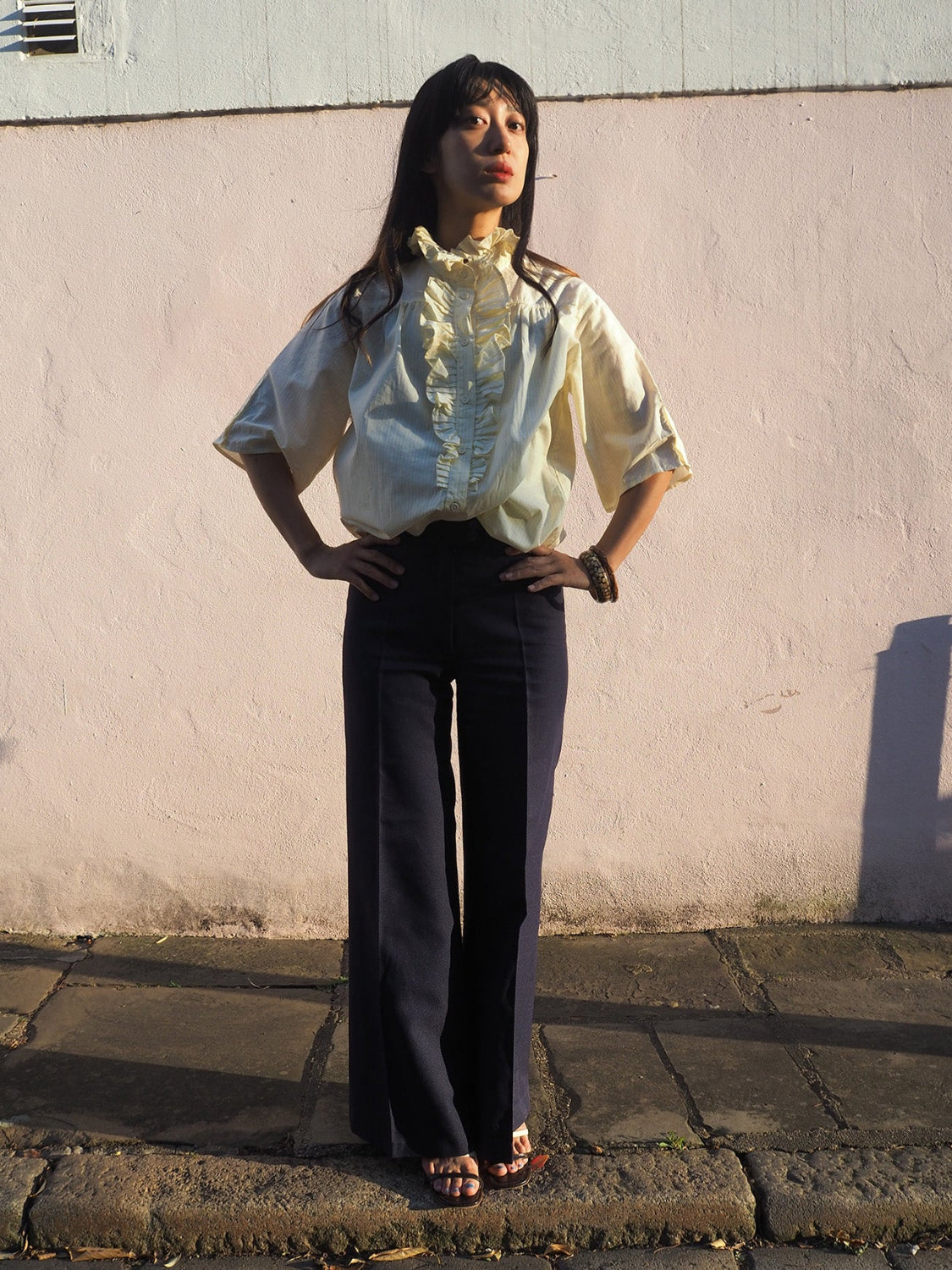 70's Lady's shirts|Yellow stripe Ruffled shrits Made in Germany