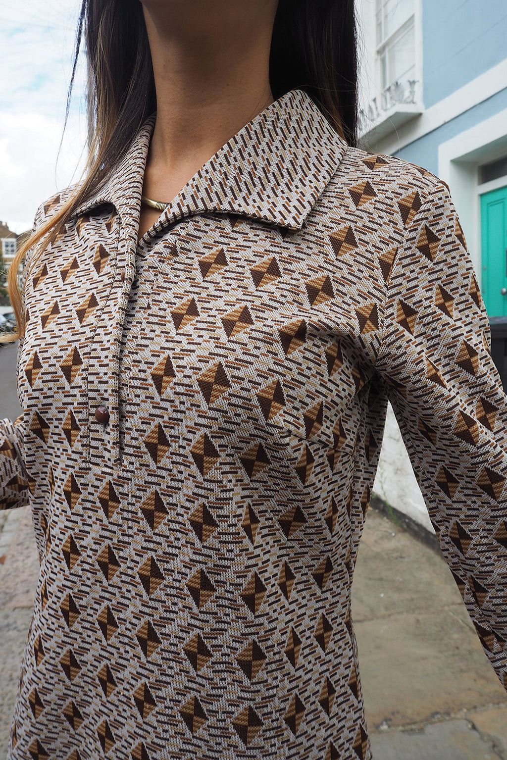 70's Geometric Pattern Dress London Vintage | I-Line Shift Dress