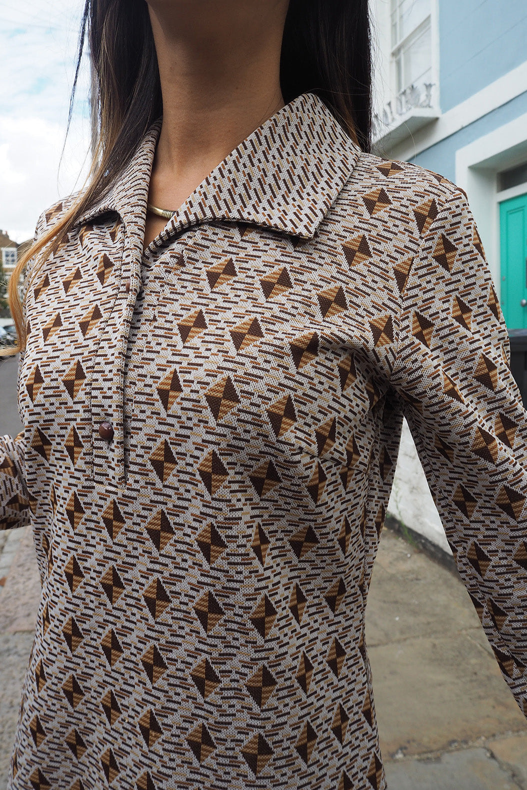 70's Geometric Pattern Dress London Vintage | I-Line Shift Dress