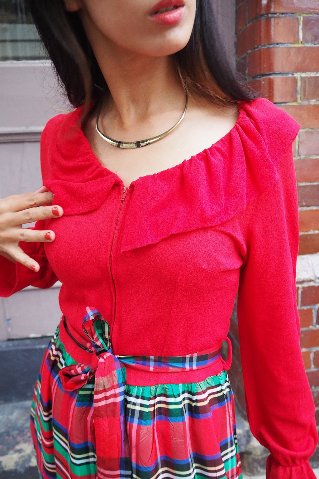 70's Plaid Maxi Dress London Vintage | Red Madras Check Ruffle Dress