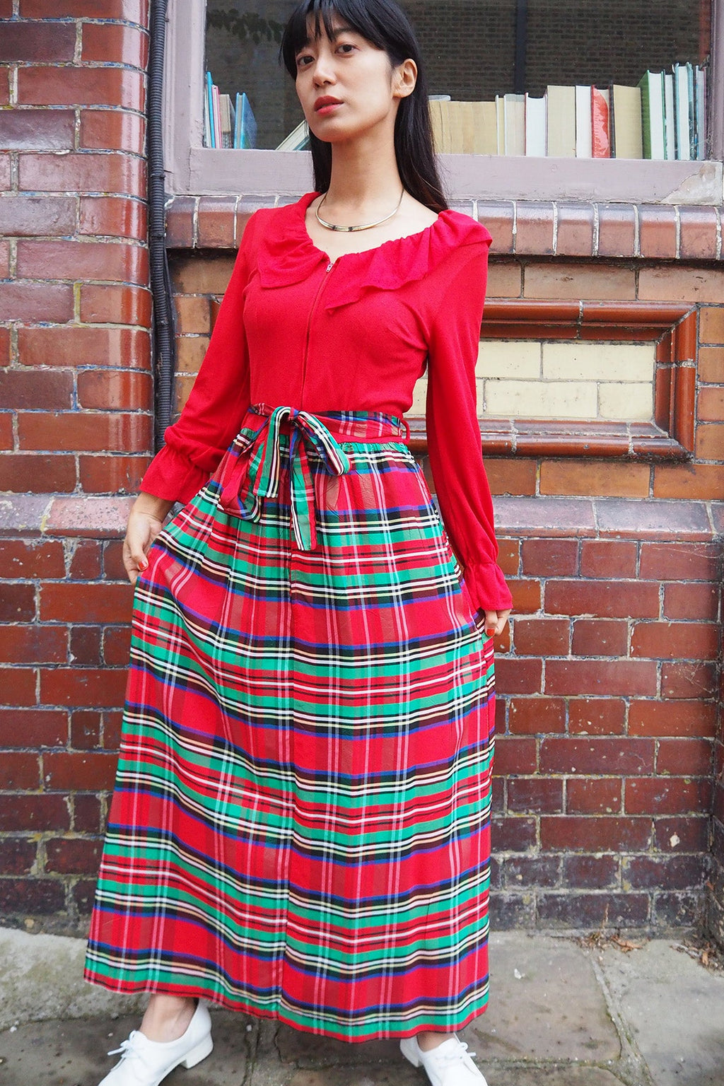 70's Plaid Maxi Dress London Vintage | Red Madras Check Ruffle Dress