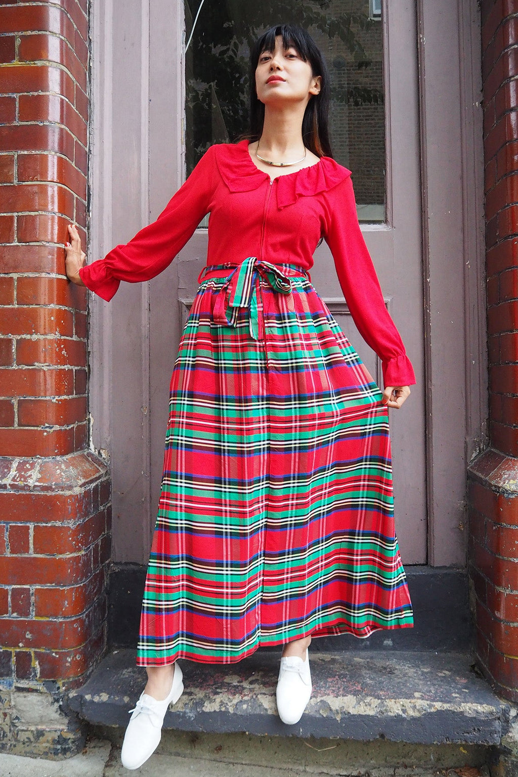 70's Plaid Maxi Dress London Vintage | Red Madras Check Ruffle Dress