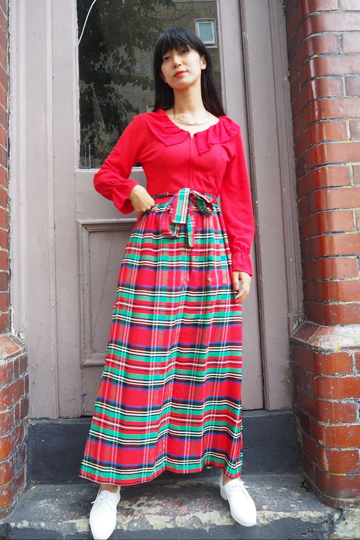 70's Plaid Maxi Dress London Vintage | Red Madras Check Ruffle Dress