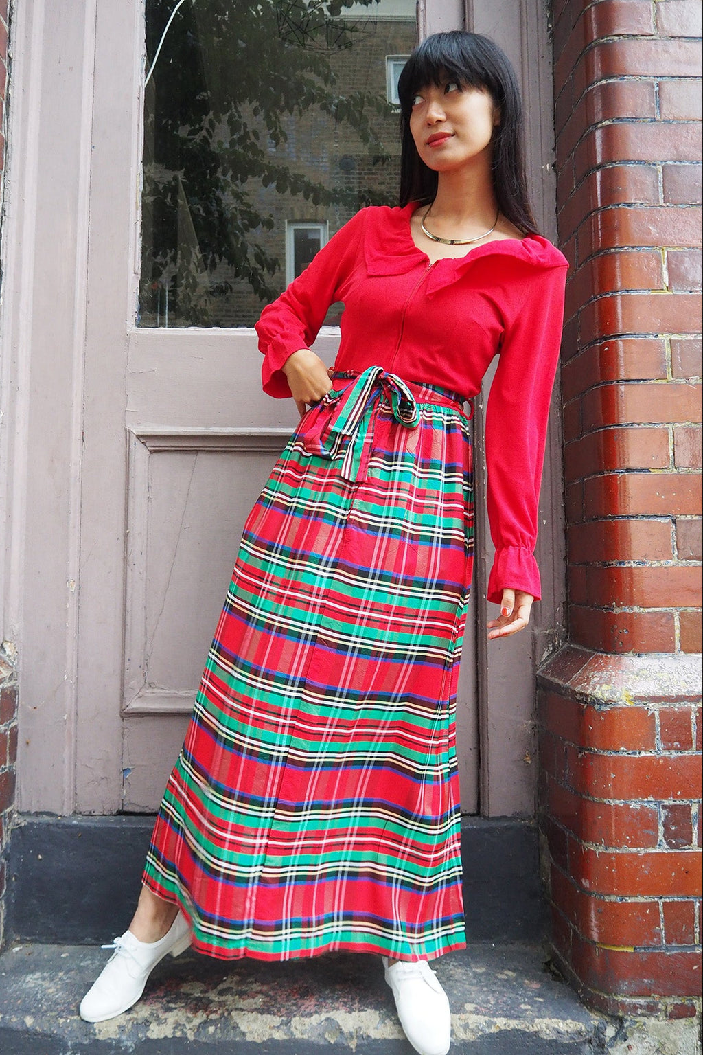 70's Plaid Maxi Dress London Vintage | Red Madras Check Ruffle Dress
