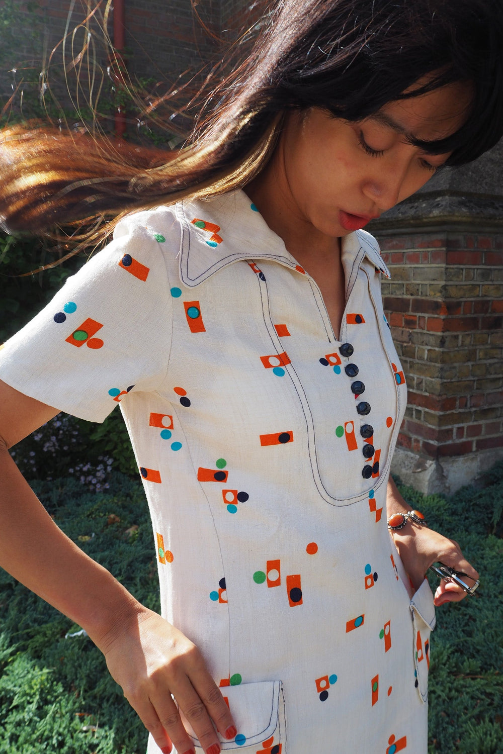 70's Vintage French Pop Print Mini Dress with Bunny Ear Collar