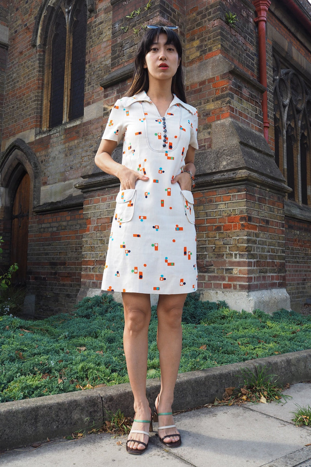 70's Vintage French Pop Print Mini Dress with Bunny Ear Collar