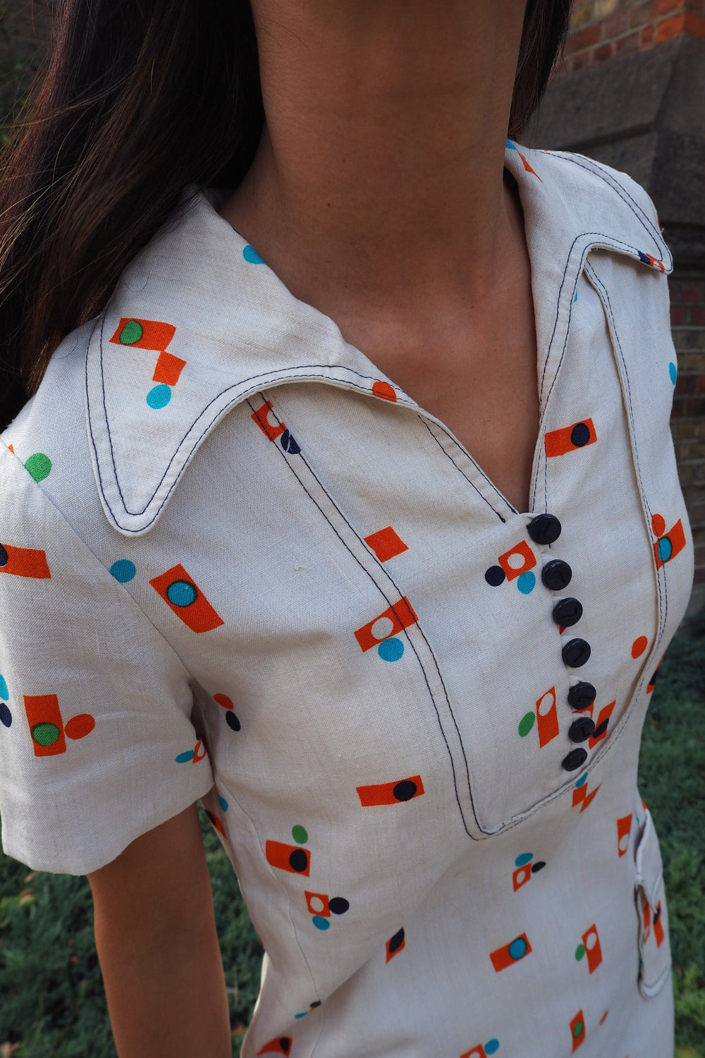 70's Vintage French Pop Print Mini Dress with Bunny Ear Collar