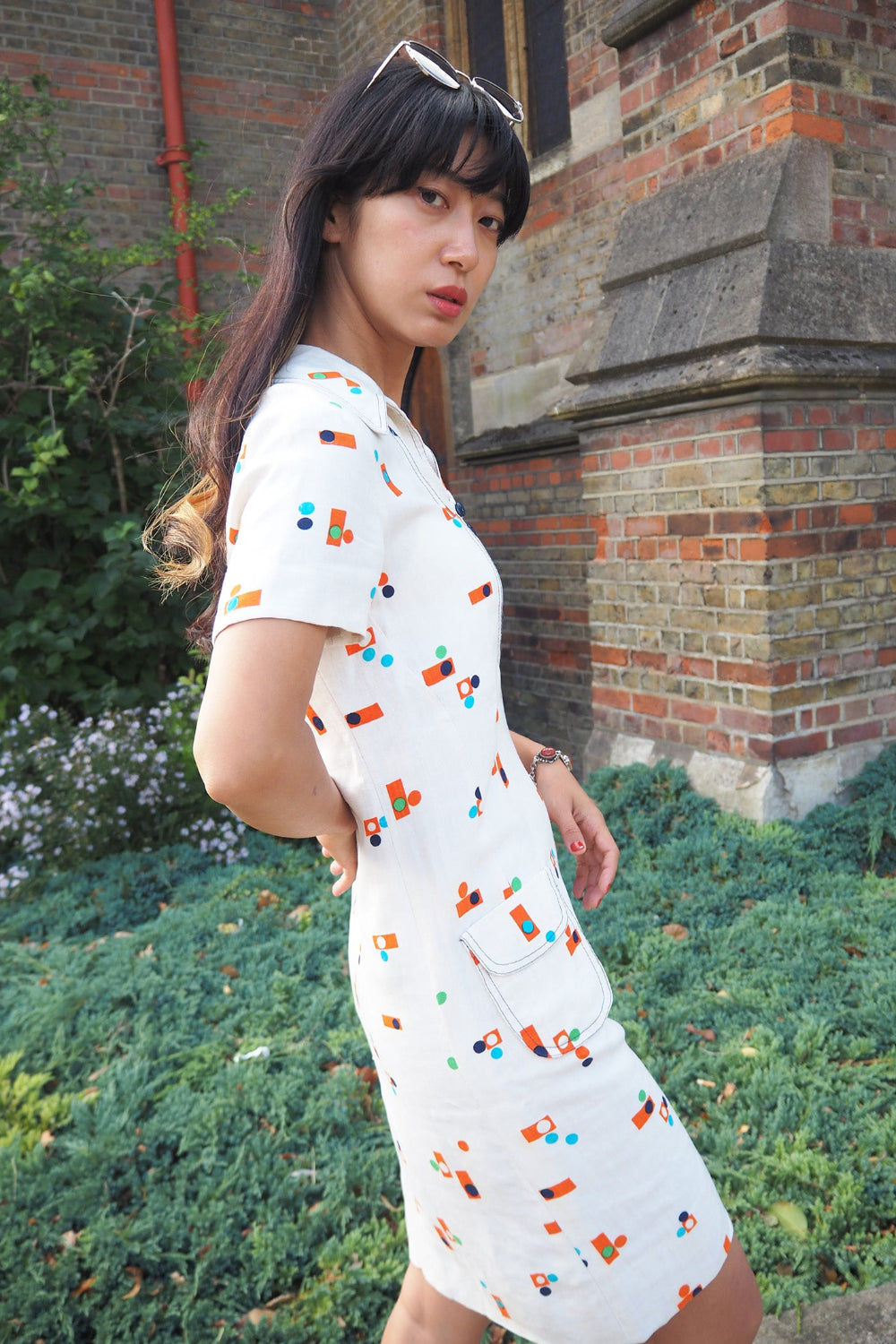 70's Vintage French Pop Print Mini Dress with Bunny Ear Collar