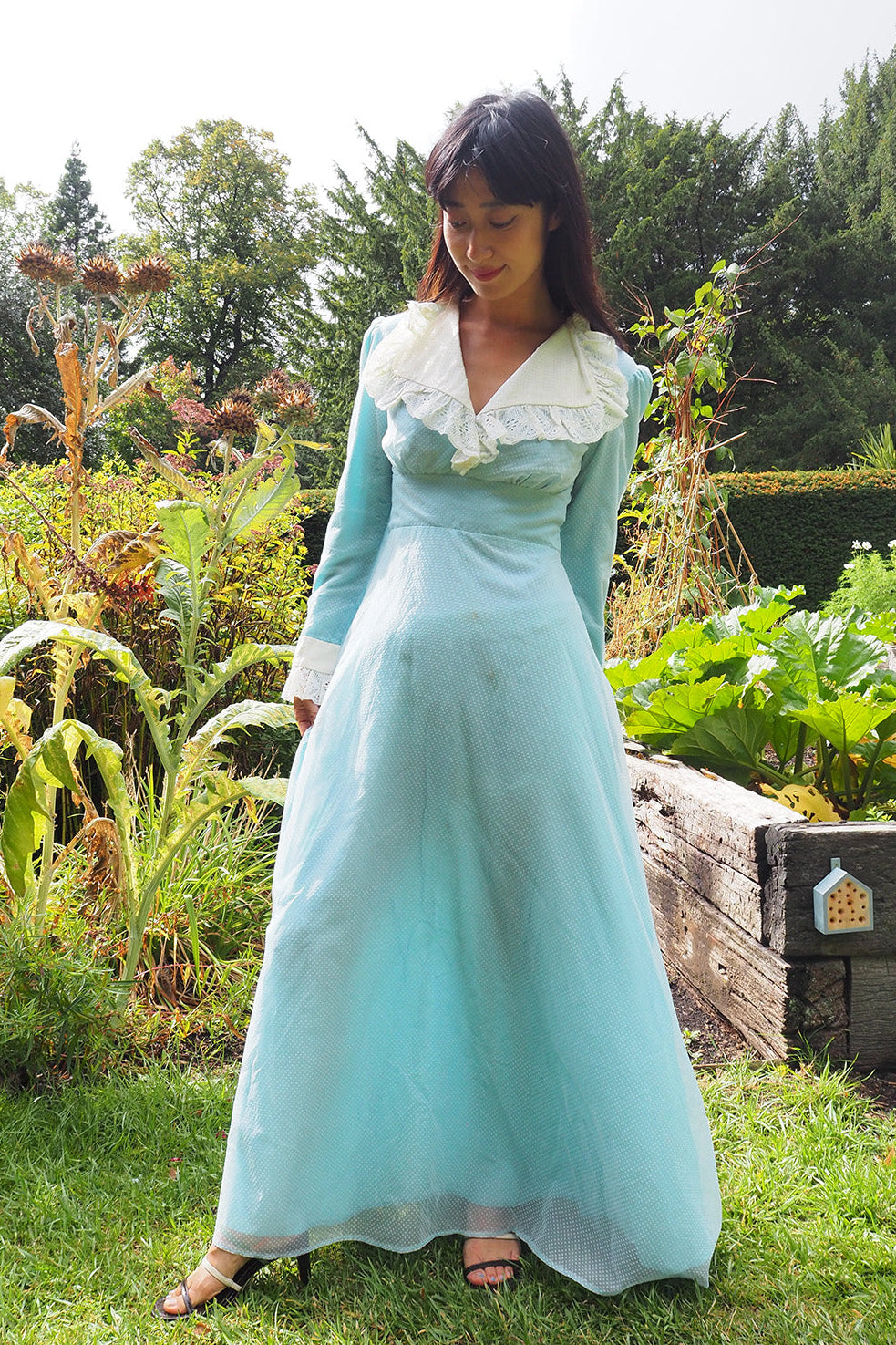 70's Victorian Dress London Vintage | Romantic Polka Dot Lace Maxi Dress