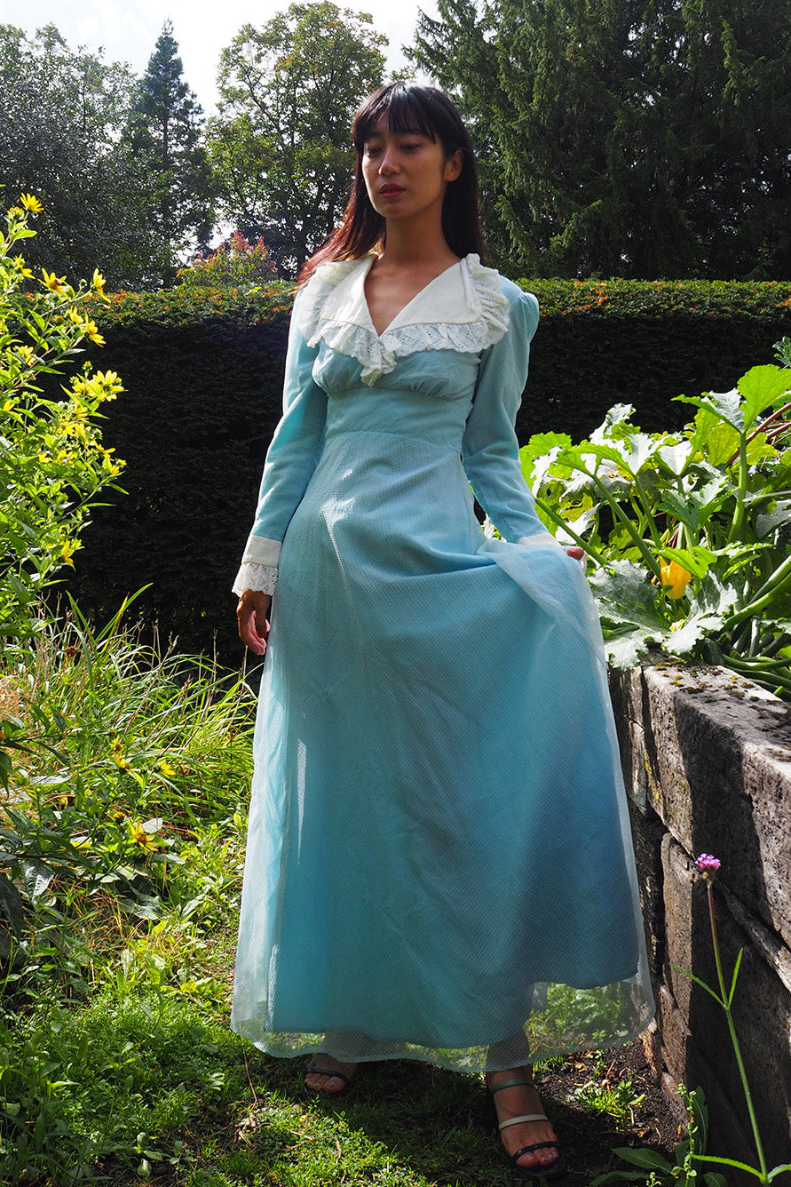 70's Victorian Dress London Vintage | Romantic Polka Dot Lace Maxi Dress