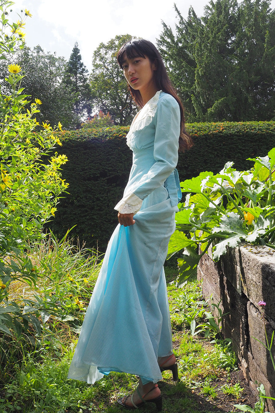 70's Victorian Dress London Vintage | Romantic Polka Dot Lace Maxi Dress