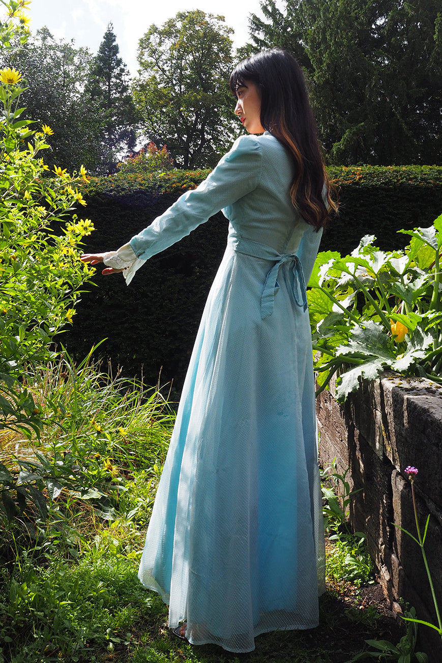 70's Victorian Dress London Vintage | Romantic Polka Dot Lace Maxi Dress