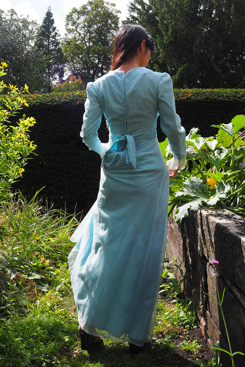 70's Victorian Dress London Vintage | Romantic Polka Dot Lace Maxi Dress