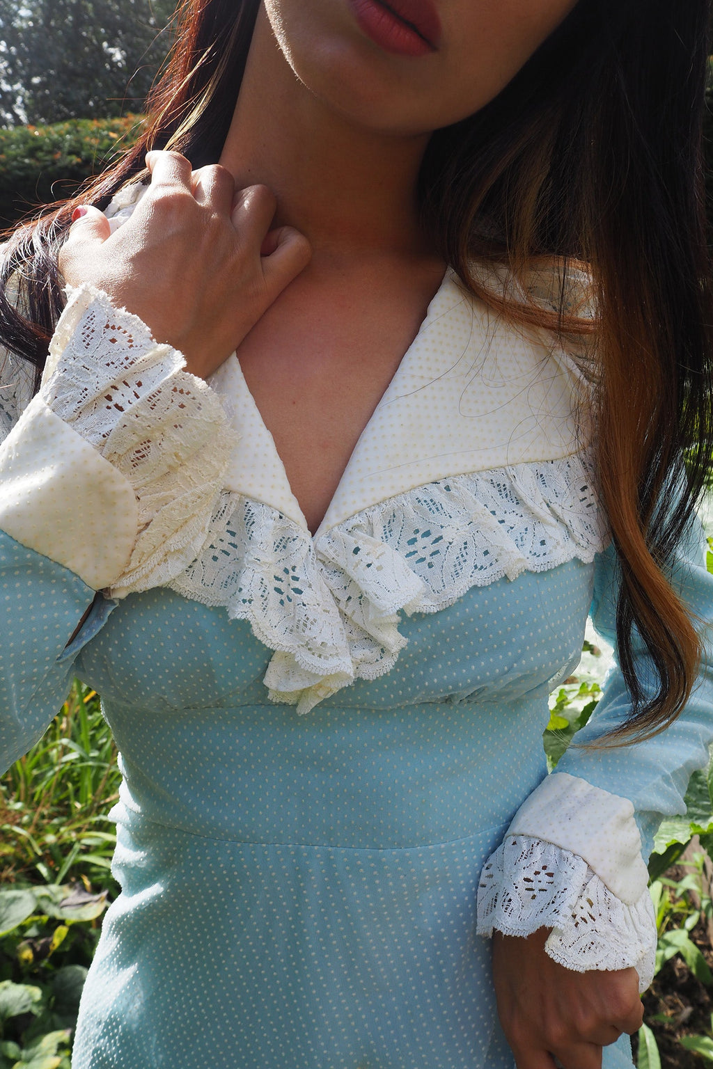 70's Victorian Dress London Vintage | Romantic Polka Dot Lace Maxi Dress