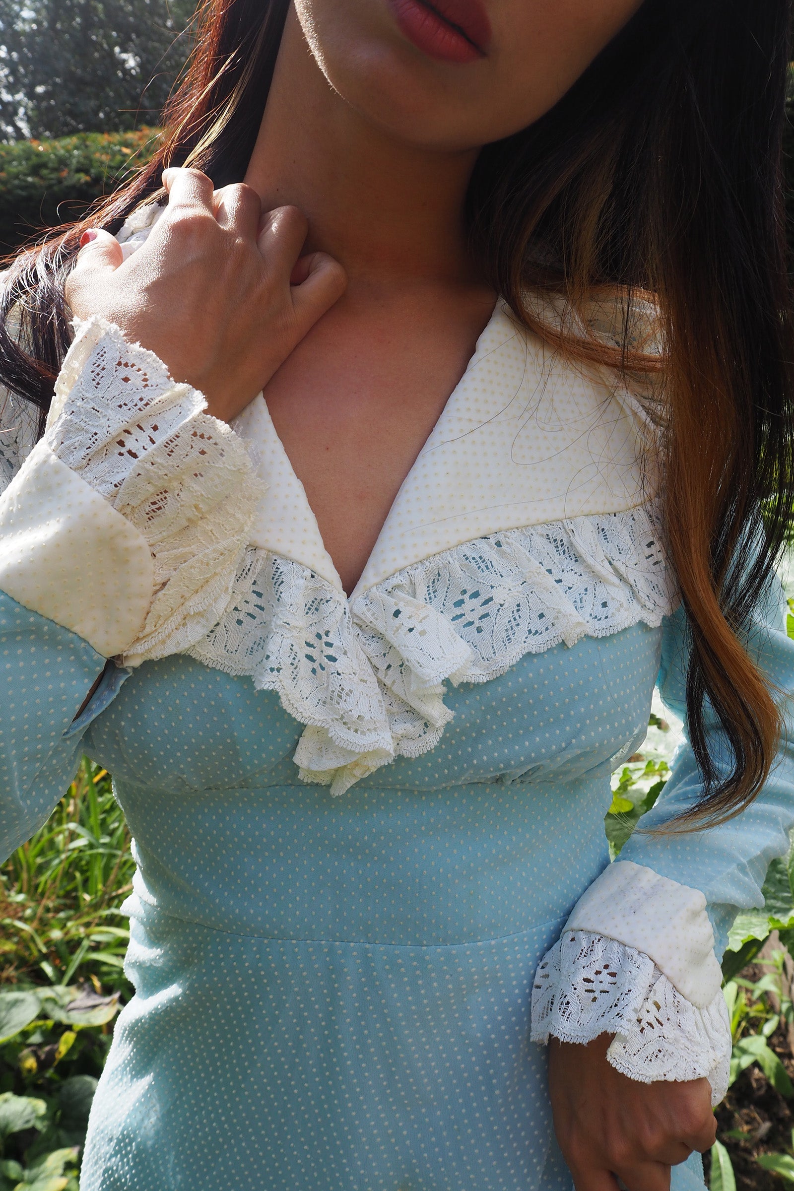 70's Victorian Dress London Vintage | Romantic Polka Dot Lace Maxi Dress