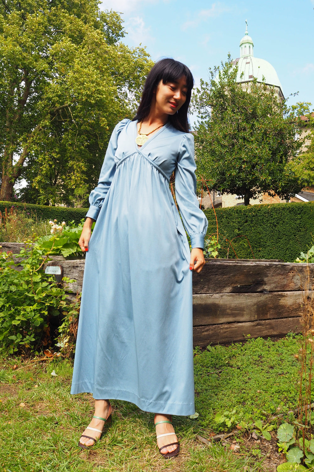 70's Roman Style Maxi Dress | Sky Blue Metallic Roman Dress