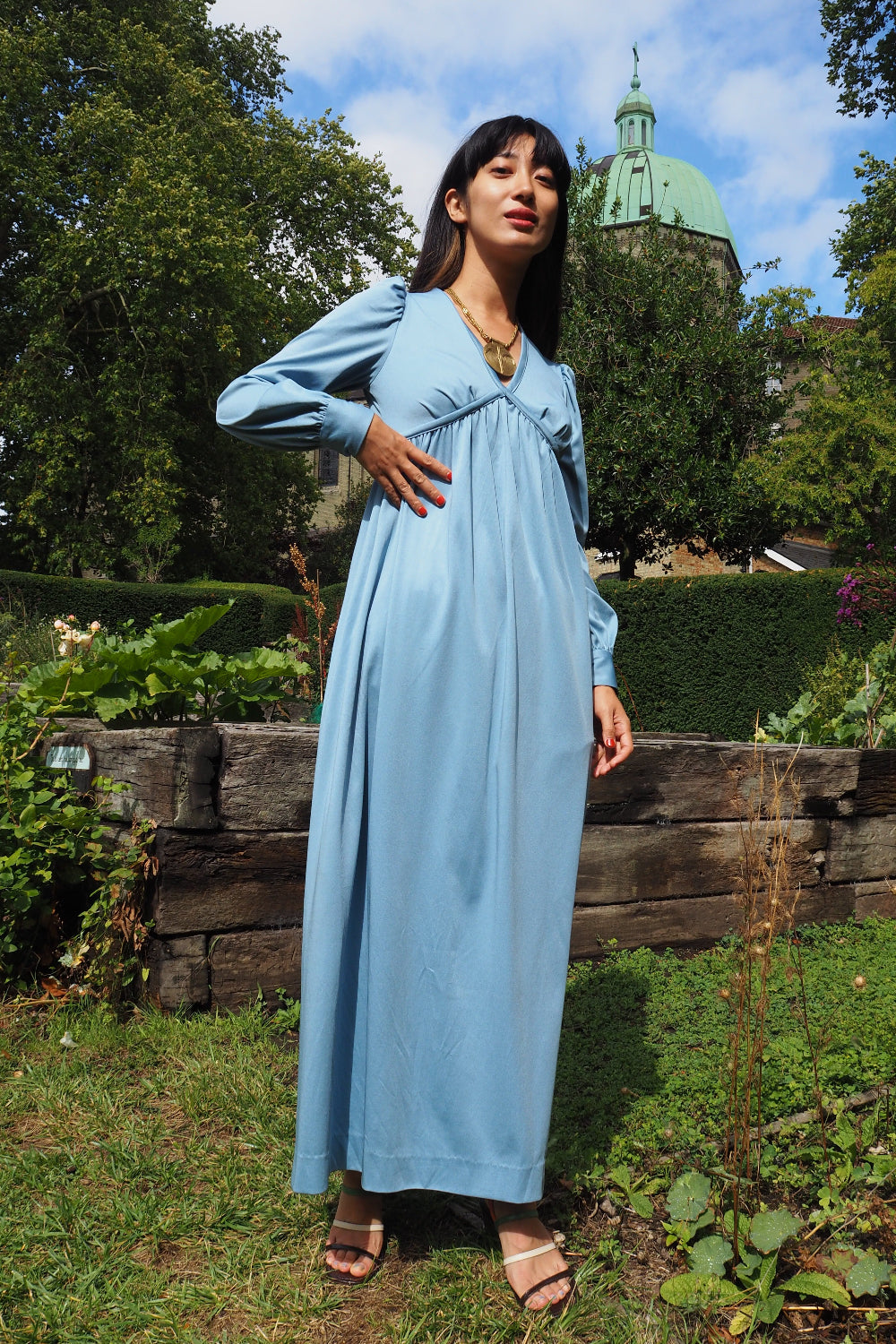 ワンピース 70s vintage embroidery maxi dress 70's Roman Style Maxi Dress｜スカイブルー メタリック ローマン