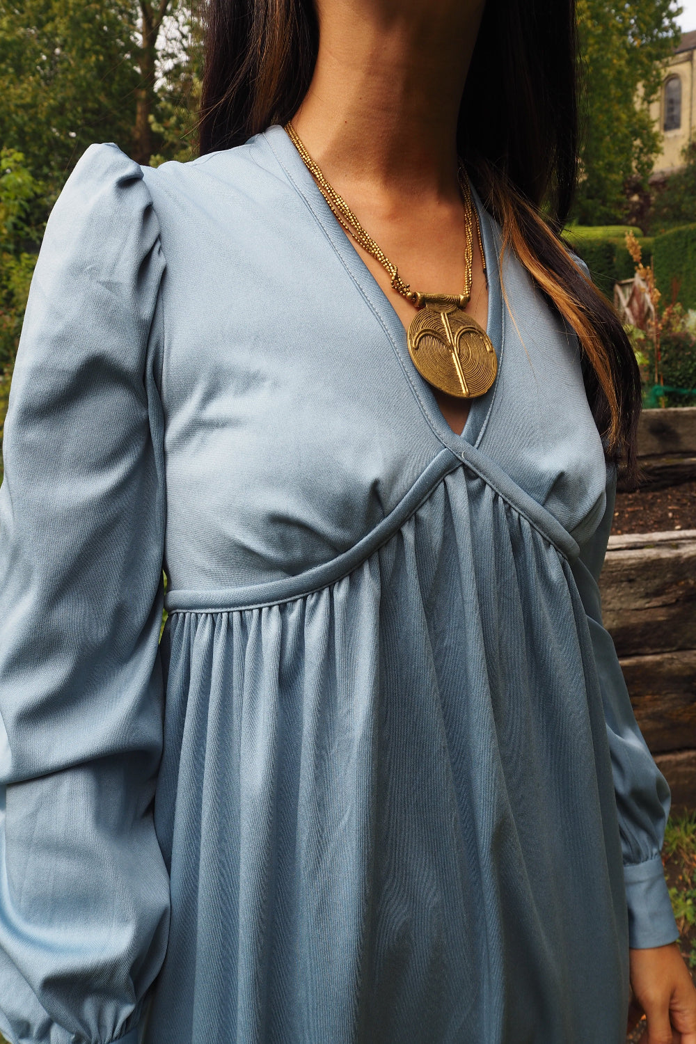 70's Roman Style Maxi Dress | Sky Blue Metallic Hippie Vintage