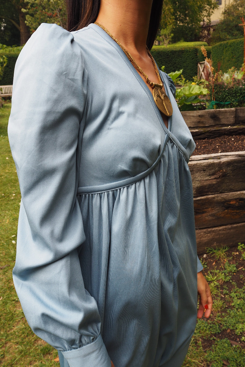 70's Roman Style Maxi Dress | Sky Blue Metallic Hippie Vintage