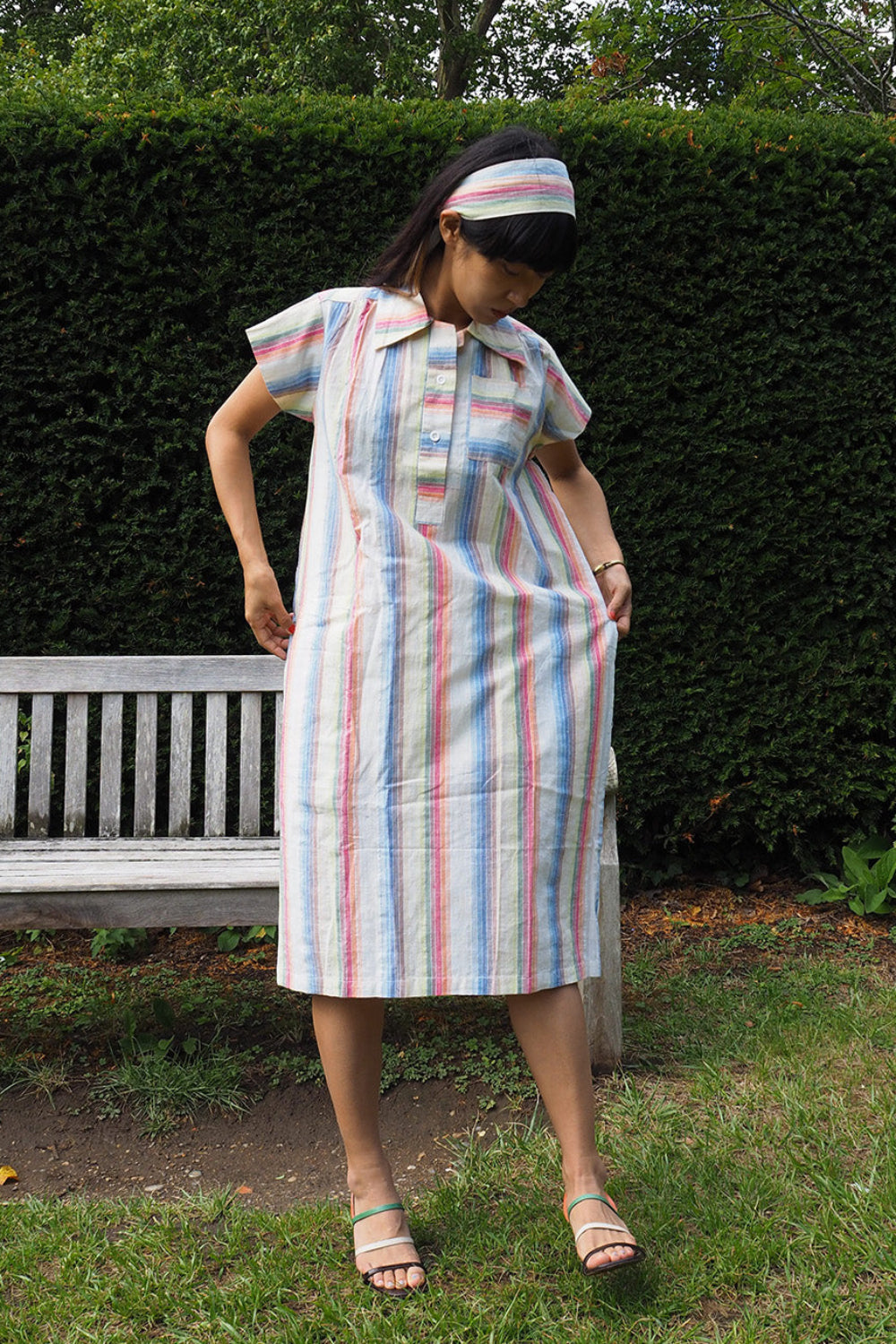80's Vintage Rainbow Multi-Color Cotton Polo Dress with Ribbon Belt