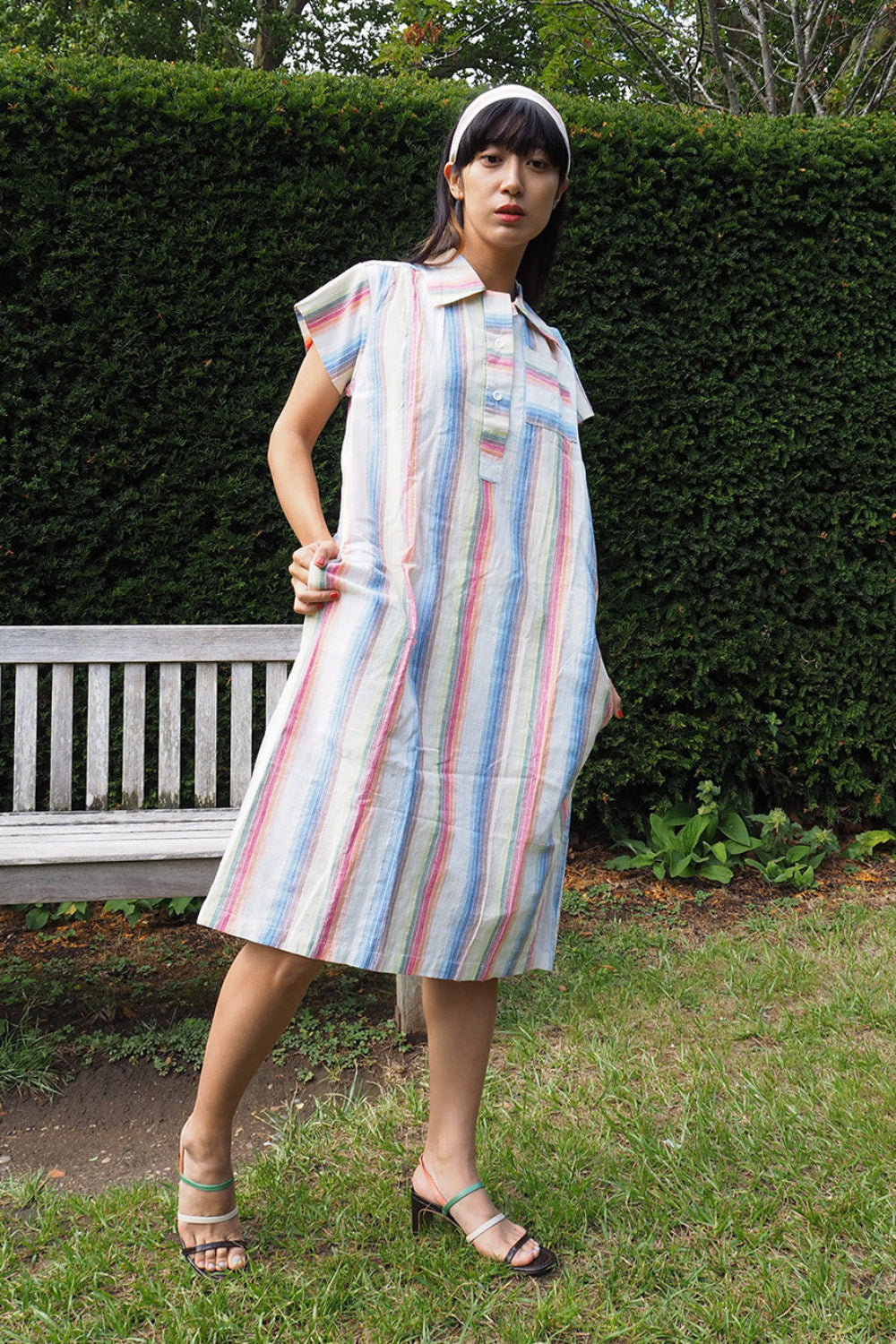 80's Vintage Rainbow Multi-Color Cotton Polo Dress with Ribbon Belt