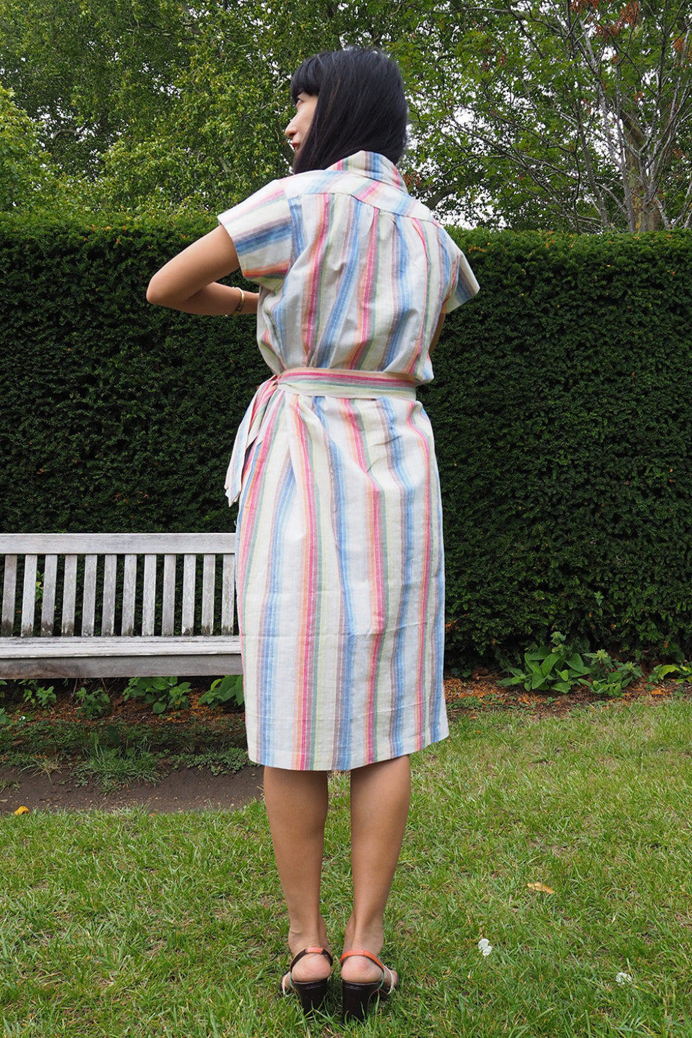 80's Vintage Rainbow Multi-Color Cotton Polo Dress with Ribbon Belt
