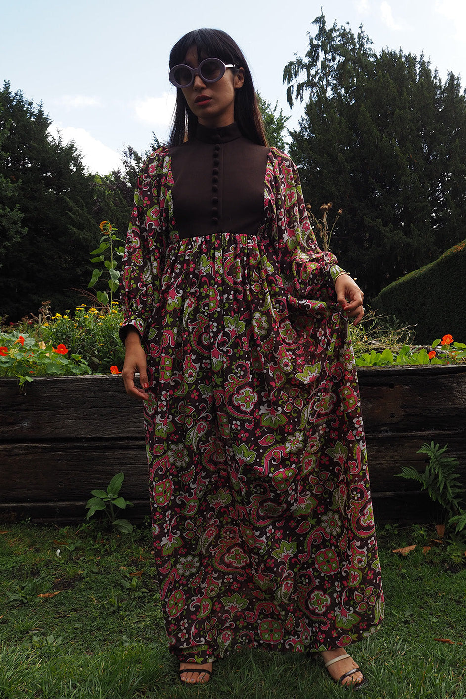 70's Edwardian Style Dress London Vintage | Dolman Sleeve Colorful Dress