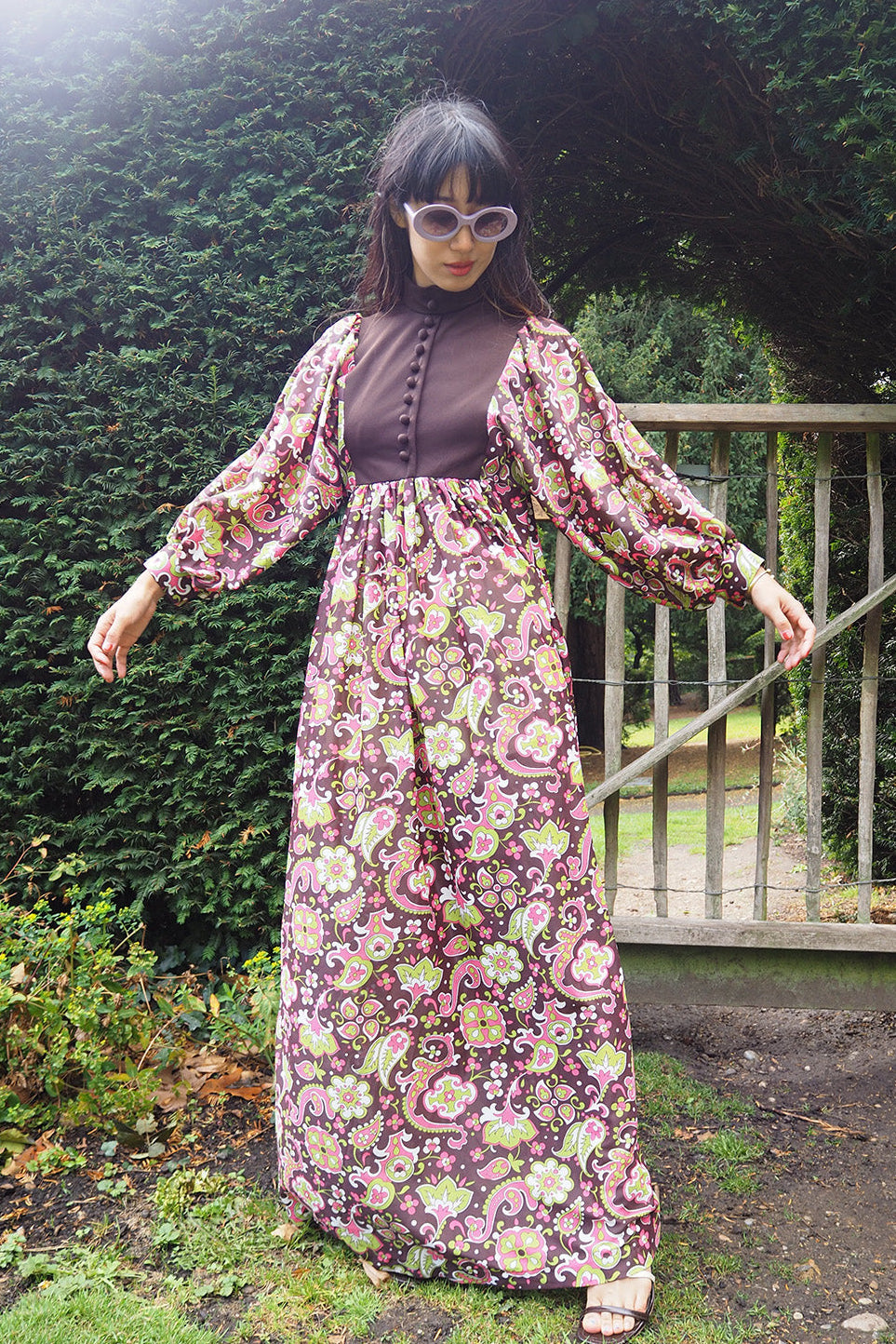 70's Edwardian Style Dress London Vintage | Dolman Sleeve Colorful Dress