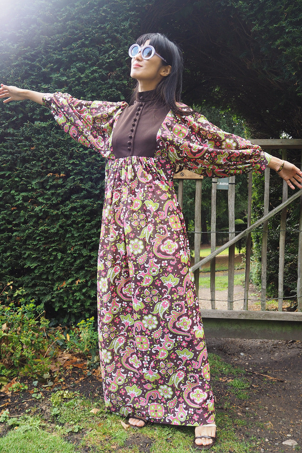 70's Edwardian Style Dress London Vintage | Dolman Sleeve Colorful Dress