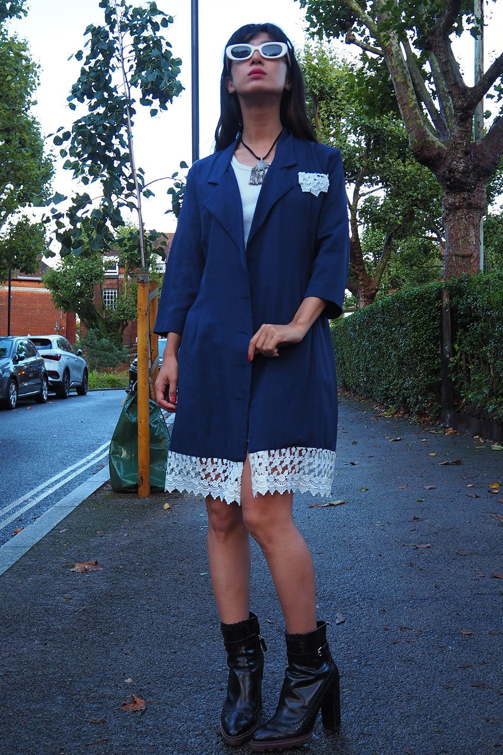 80's Dramatix Lace Shirt Gown | Navy Vintage Romantic Blouse