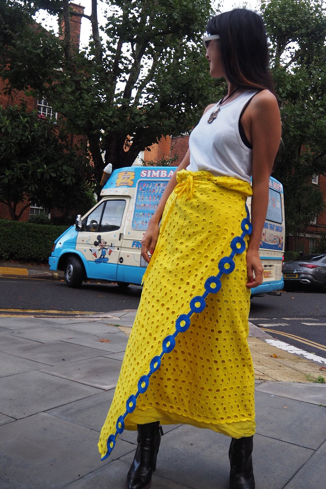 Handmade Yellow Wrap Skirt | British Embroidery Blue Vintage