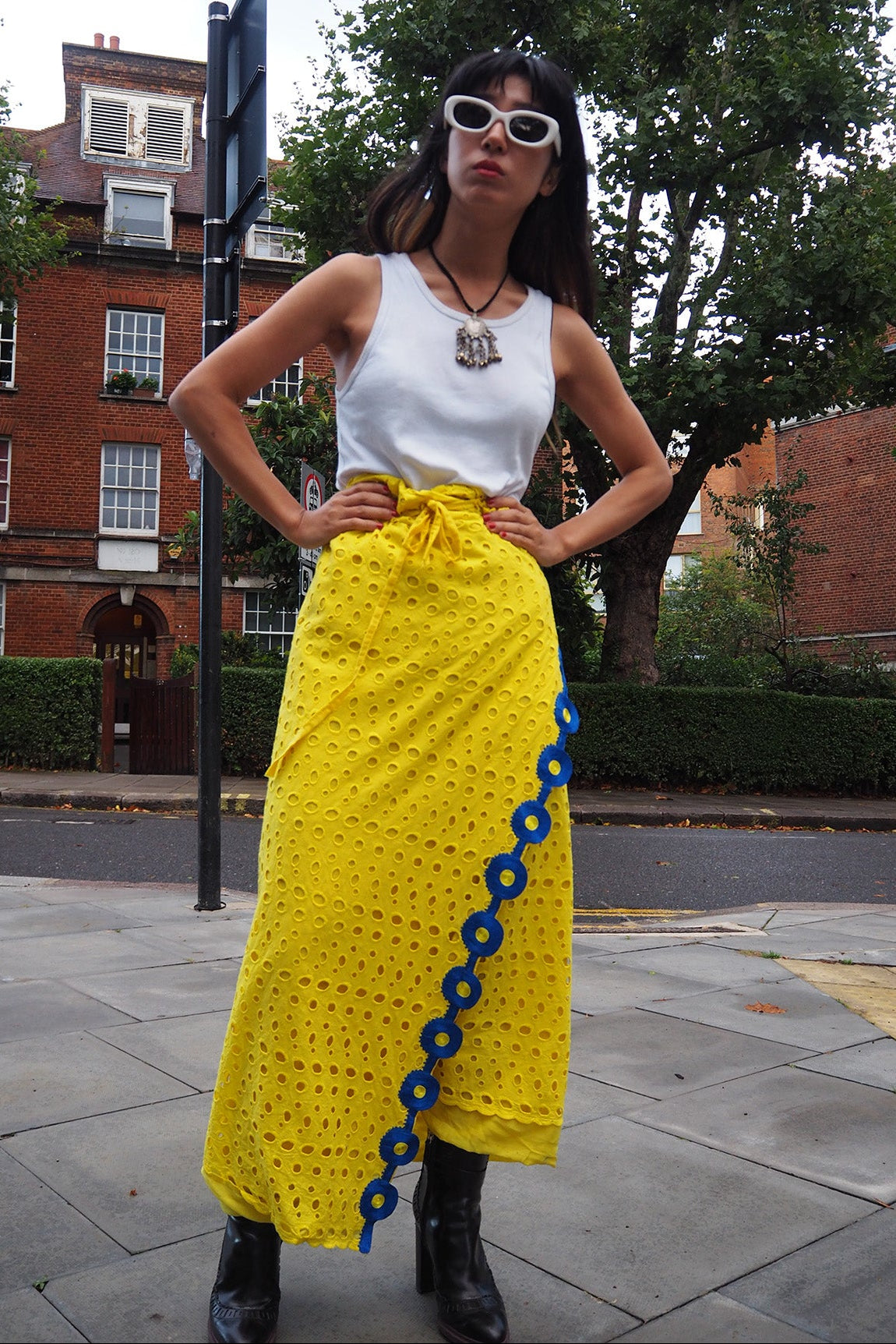 Handmade Yellow Wrap Skirt | British Embroidery Blue Vintage