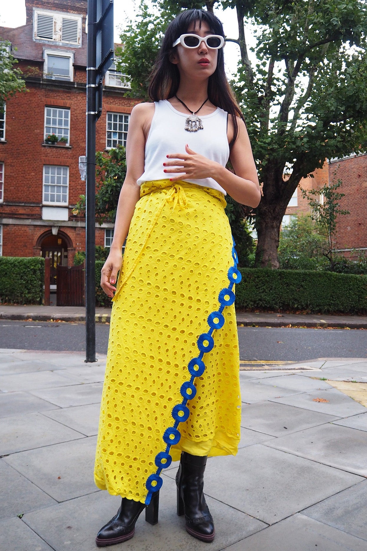 Handmade Yellow Wrap Skirt | British Embroidery Blue Vintage