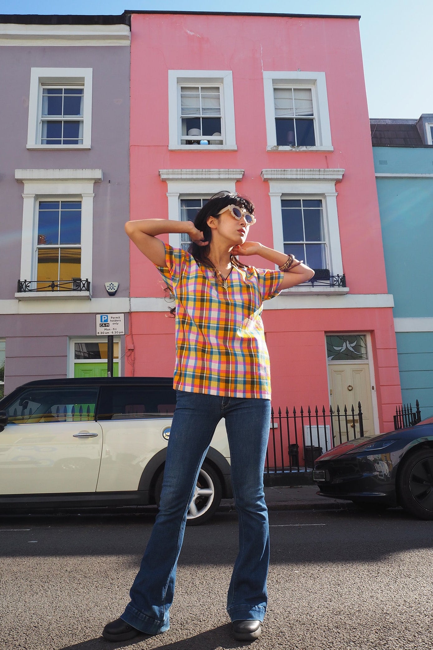 70's Handmade Madras Check Shirt | Colorful V-Neck Vintage