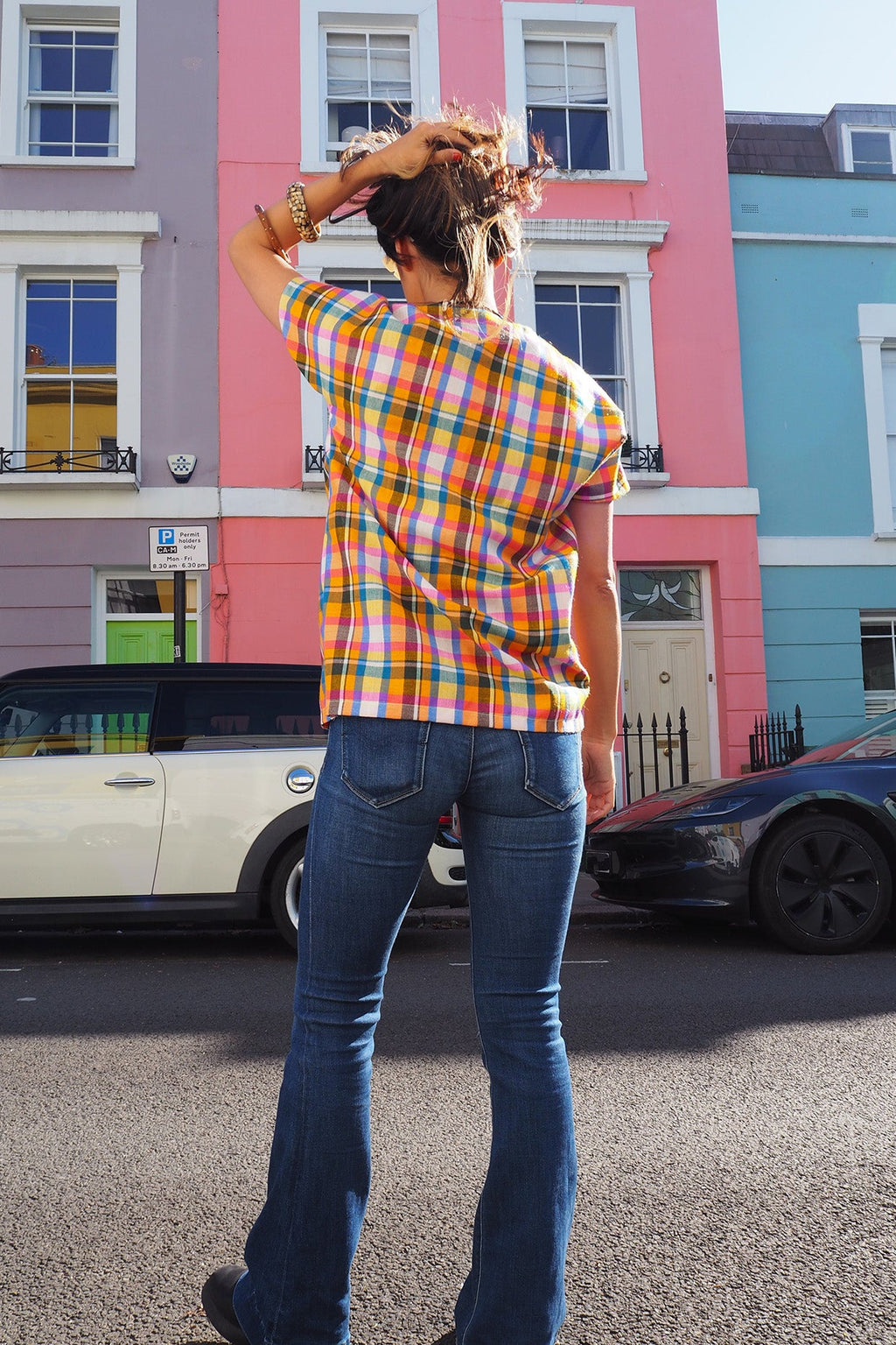 70's Handmade Madras Check Shirt | Colorful V-Neck Vintage