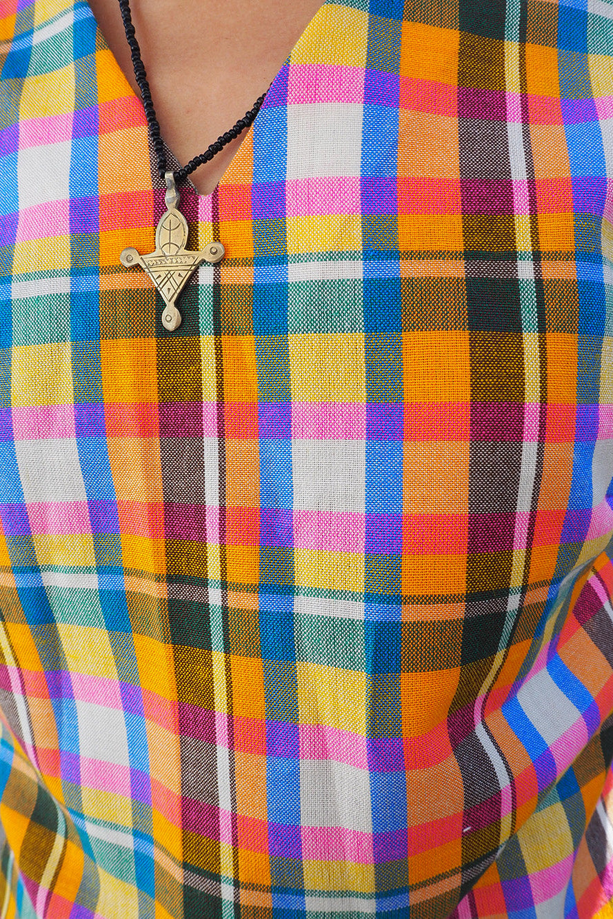 70's Handmade Madras Check Shirt | Colorful V-Neck Vintage