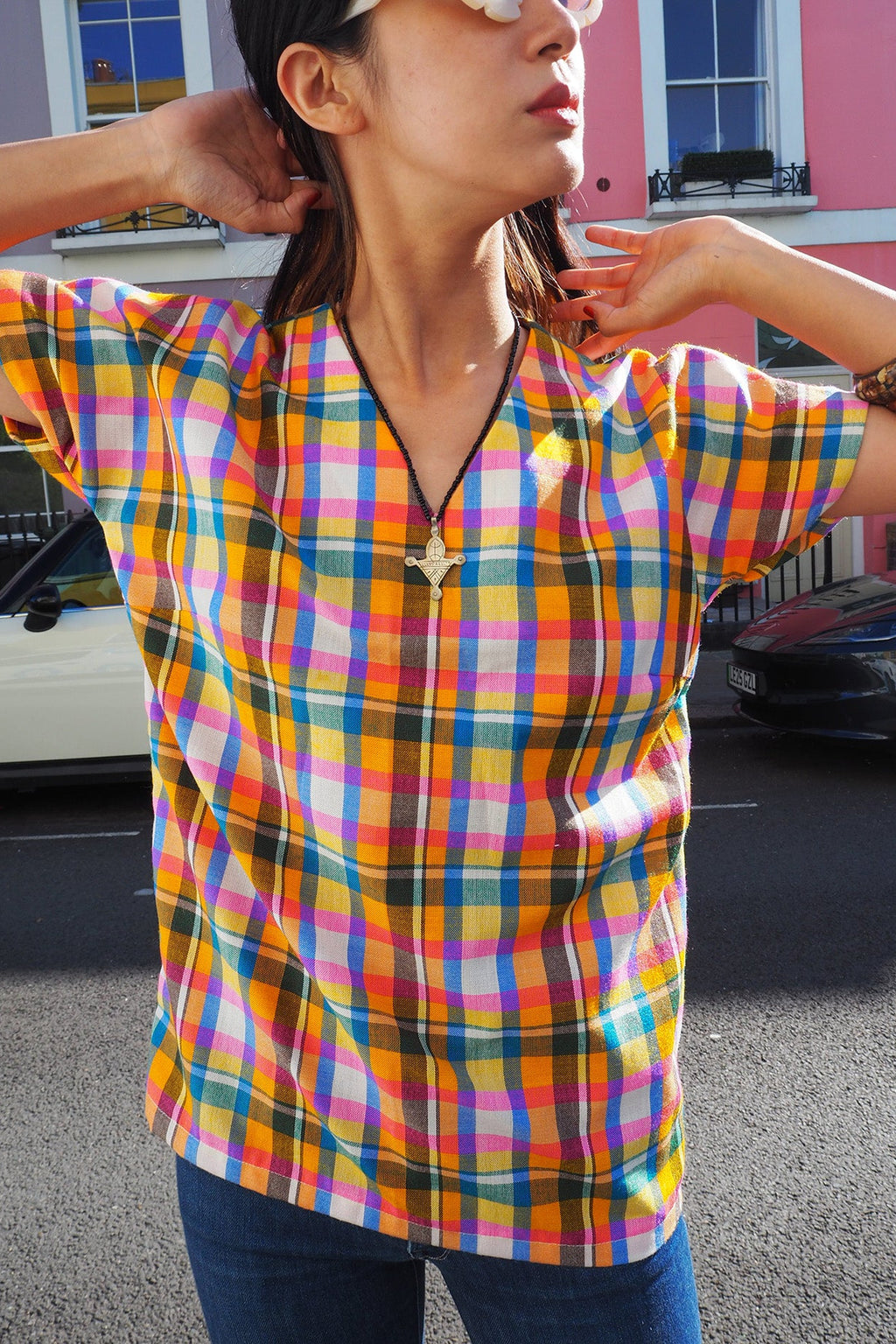 70's Handmade Madras Check Shirt | Colorful V-Neck Vintage