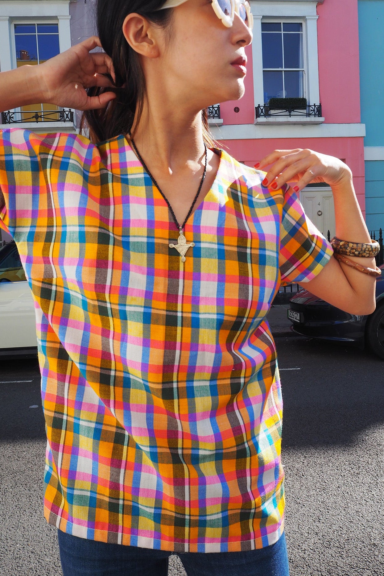 70's Handmade Madras Check Shirt | Colorful V-Neck Vintage