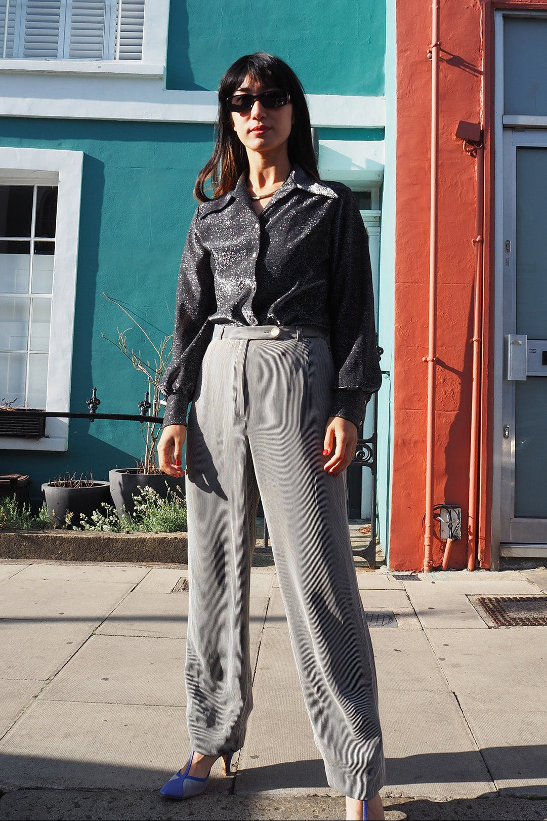 【80s】 VINTAGE BLACK STRIPE TROUSERS 80's Stripe Pants Betty Barclay | Striped Wide Pants - The Tone