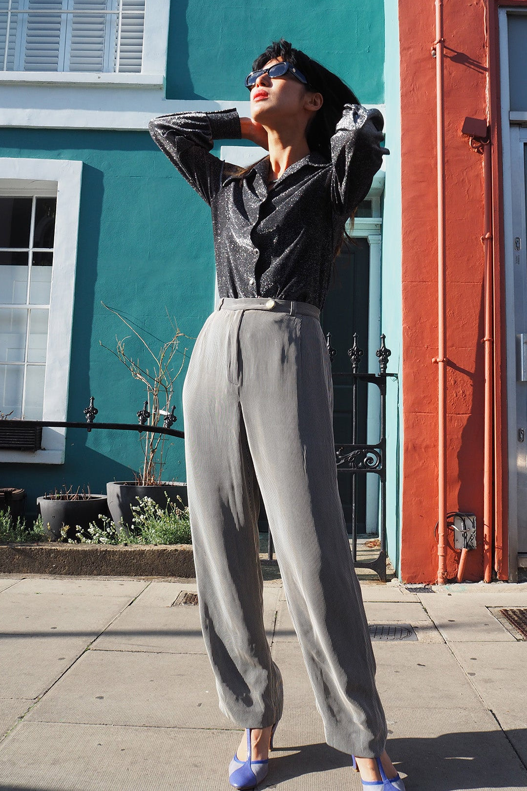 80's Stripe Pants Betty Barclay | Vintage Wide Leg Trousers