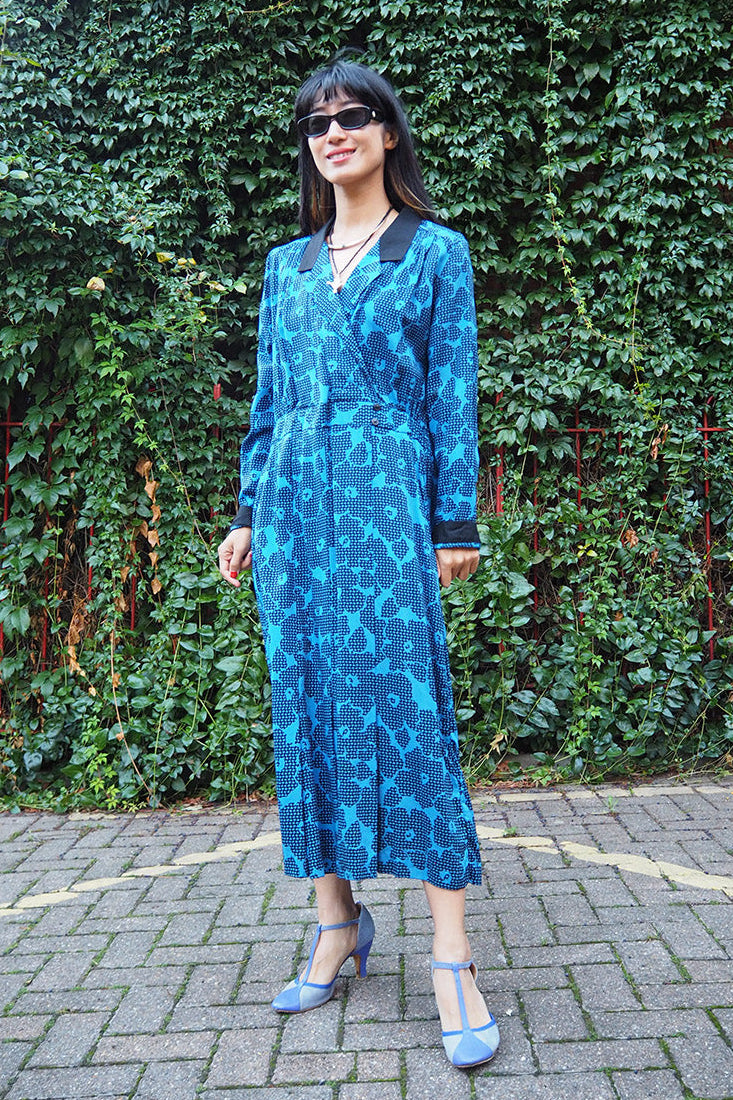 70's St Michaels Blue Dress UK Vintage | Marks & Spencer Flower Pattern