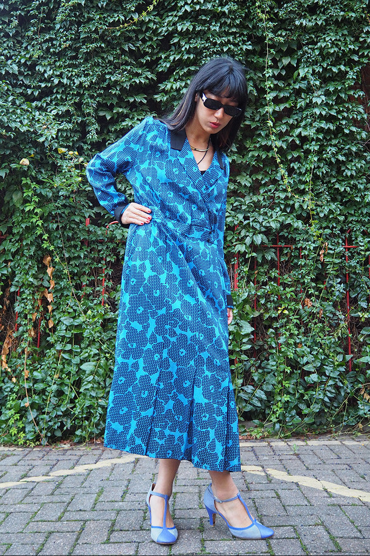 70's St Michaels Blue Dress UK Vintage | Marks & Spencer Flower Pattern