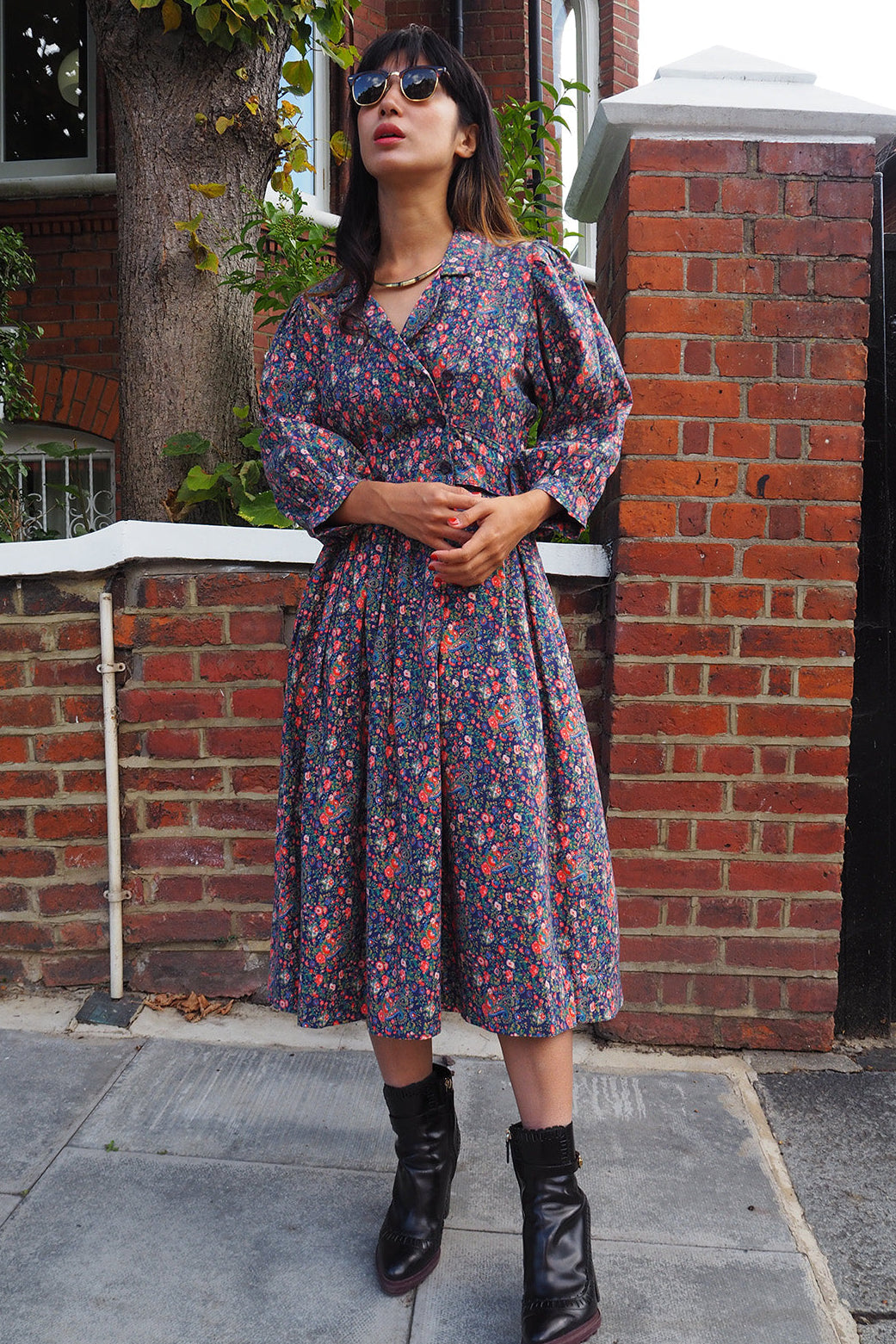 70's Liberty Print Flower Dress Vivien Smith England | Purple Floral Cotton