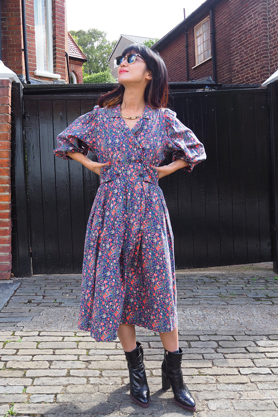 70's Liberty Print Flower Dress Vivien Smith England | Purple Floral Cotton