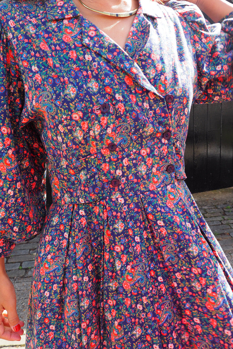 70's Liberty Print Flower Dress Vivien Smith England | Purple Floral Cotton
